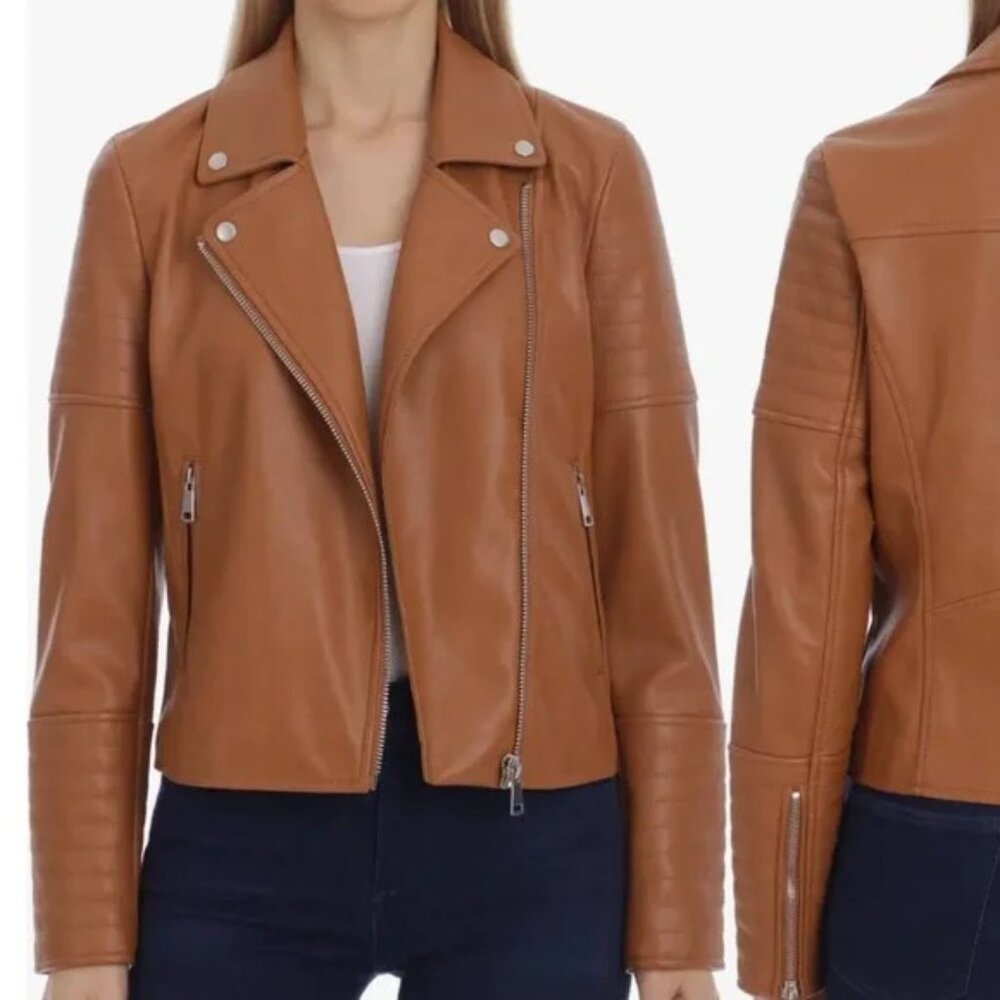 7 For All Mankind brown faux leather moto jacket size M